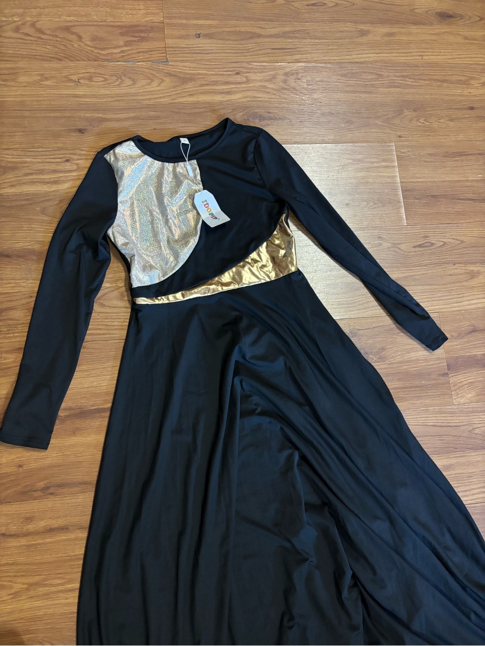 Black Gold Metallic Panel Maxi Dress Long Sleeve A-Line Formal Evening Party Gow - Picture 5 of 10